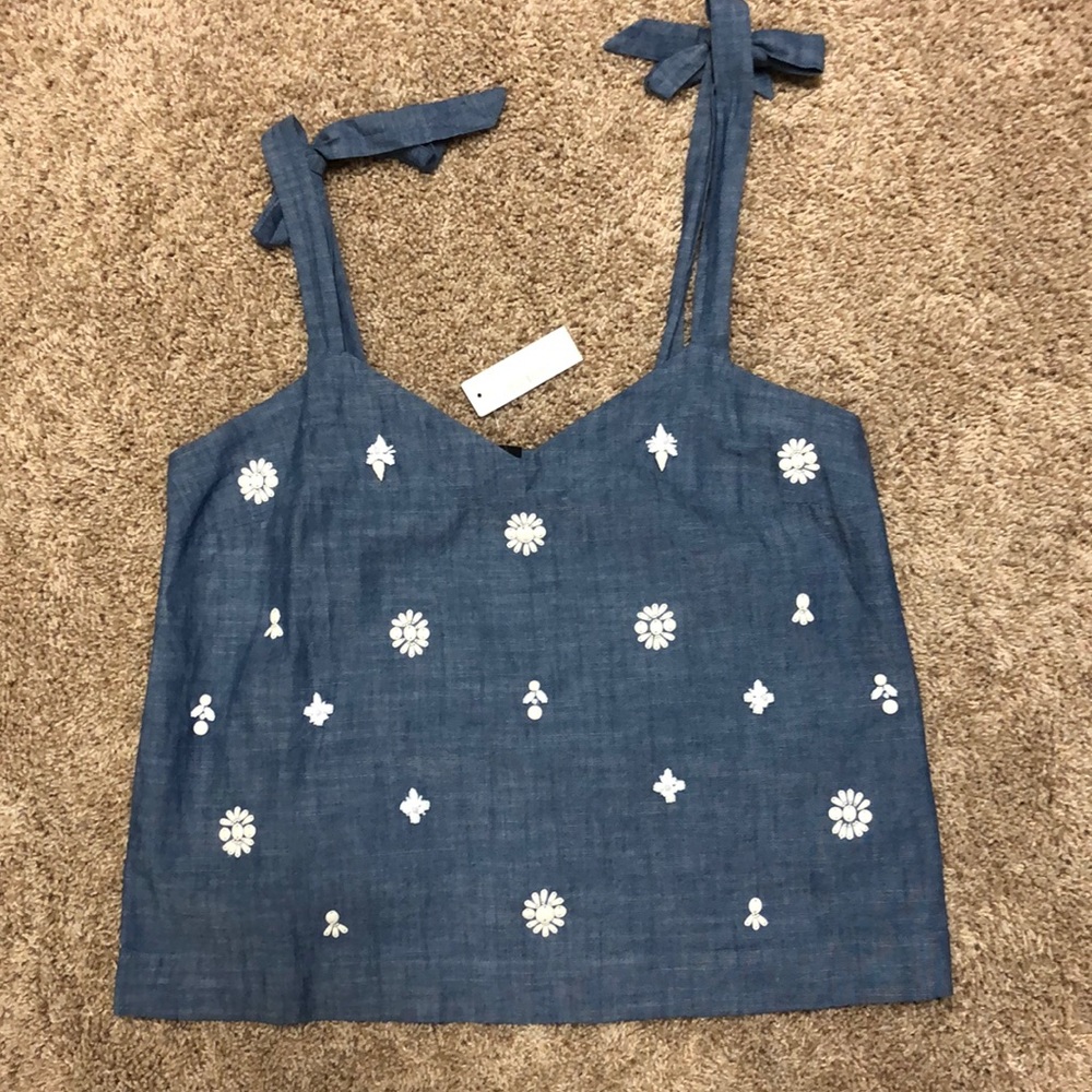 J Crew Chambray Tie- Shoulder Embellished Tank